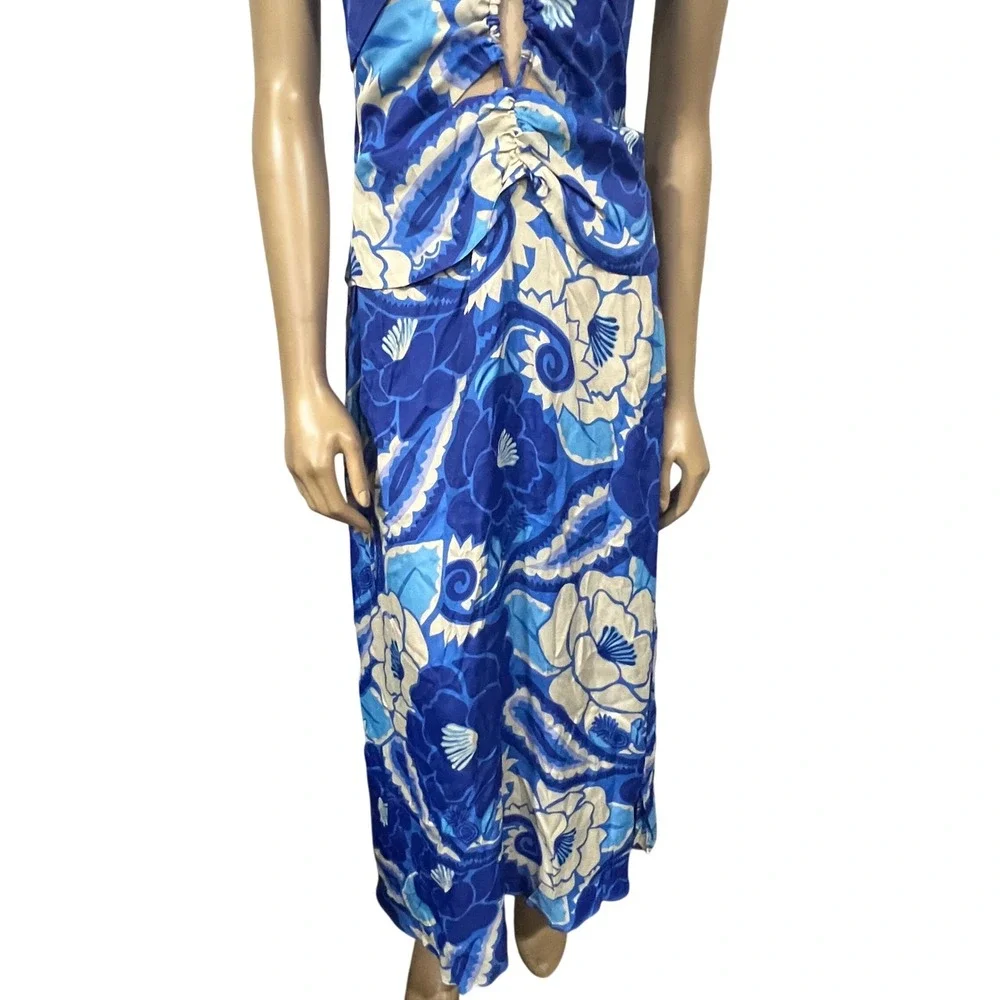 Farm Rio Blue Floral Cutout Halter Maxi Dress Tropical Print Boho Sleeveless | M - Picture 8 of 13
